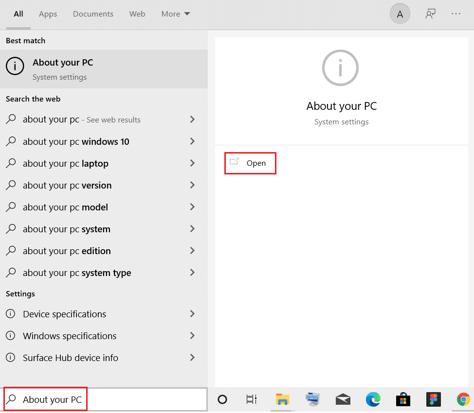 buka Tentang jendela PC Anda dari bilah Pencarian Windows