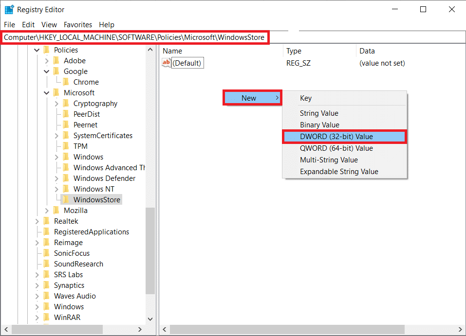 Klik kanan di mana saja di panel kanan dan klik Baru diikuti oleh Nilai DWORD. Beri nama nilainya sebagai RemoveWindowsStore. Cara Memperbaiki Penggunaan Disk Tinggi WSAPPX di Windows 10