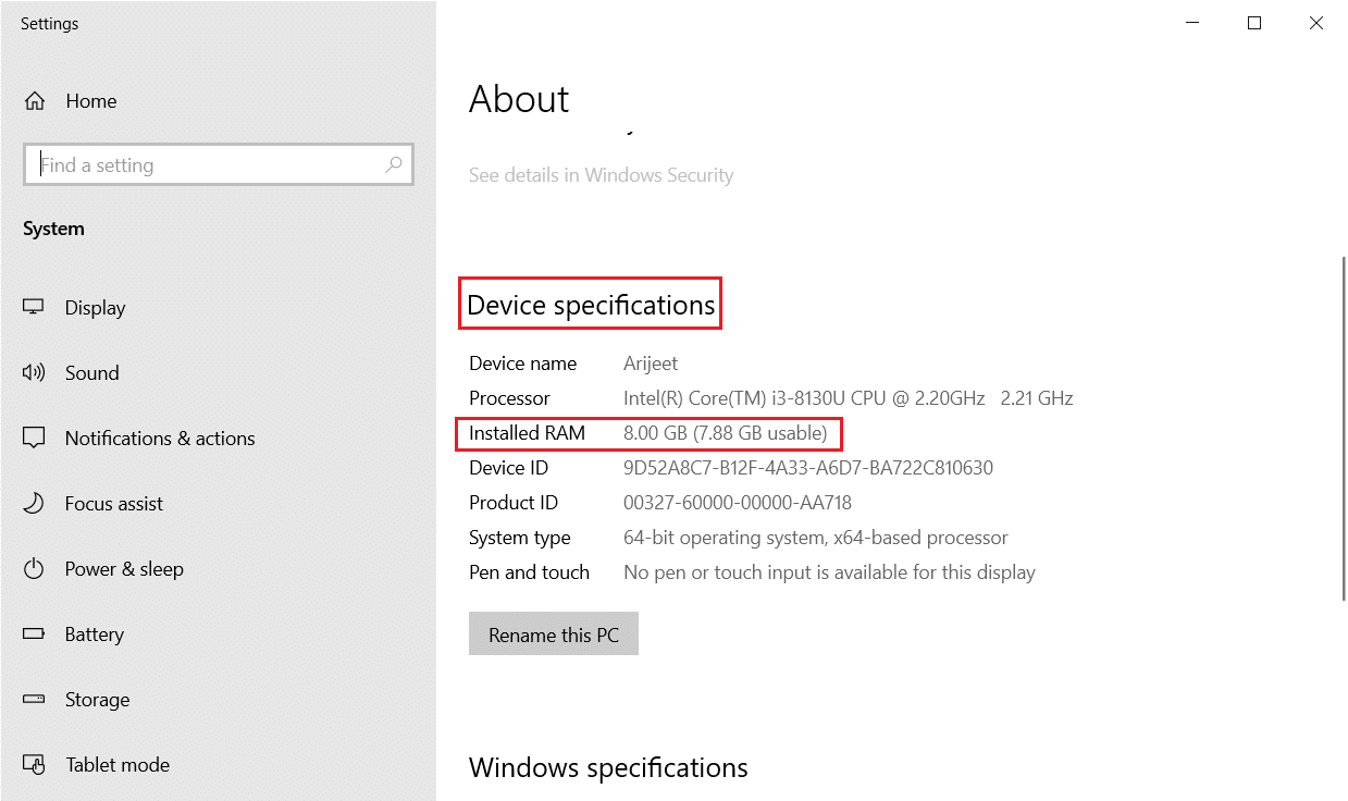 Lihat ukuran RAM Terpasang di bagian Spesifikasi Perangkat pada menu Tentang PC saya. Cara Memperbaiki Penggunaan Disk Tinggi WSAPPX di Windows 10