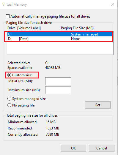 Di bawah Drive, pilih drive tempat Windows diinstal dan klik Ukuran khusus.