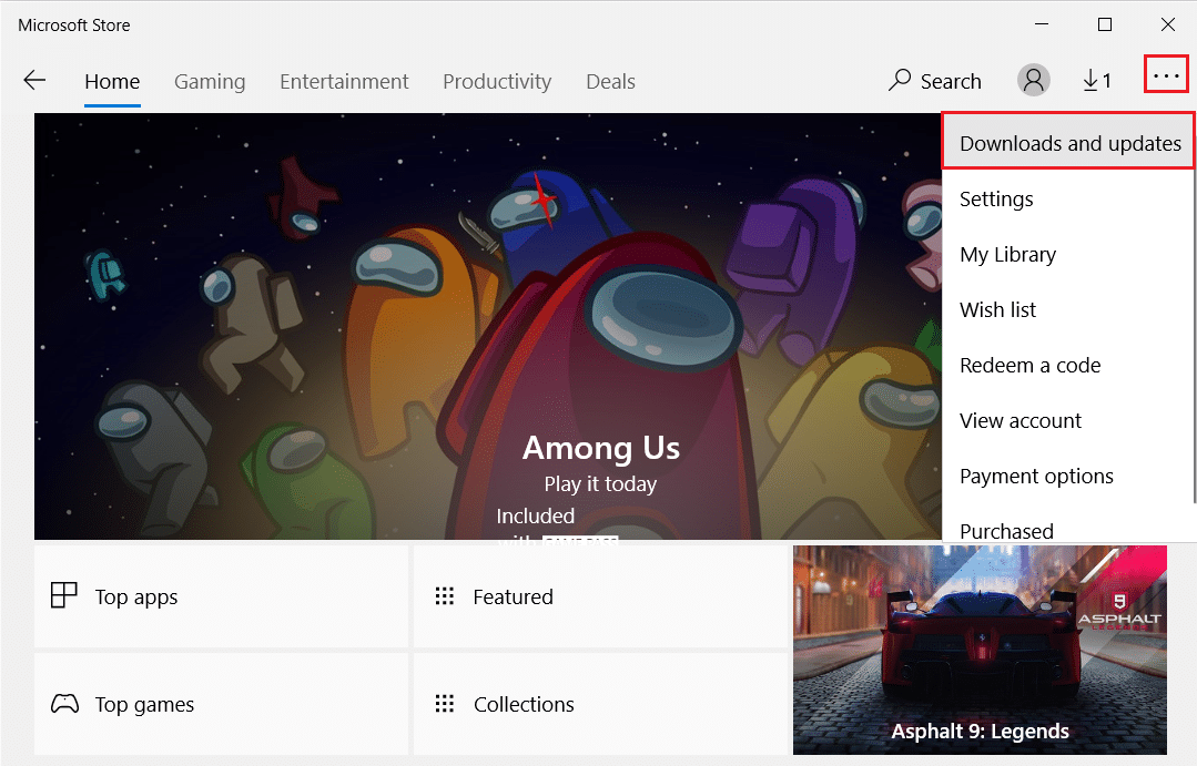 klik ikon tiga titik dan pilih opsi Unduh dan Pembaruan di Microsoft Store