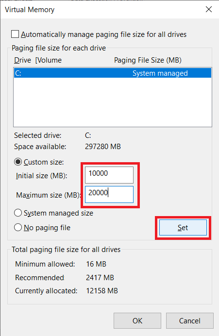 masukkan ukuran khusus dan klik tombol Set. Cara Memperbaiki Penggunaan Disk Tinggi WSAPPX di Windows 10