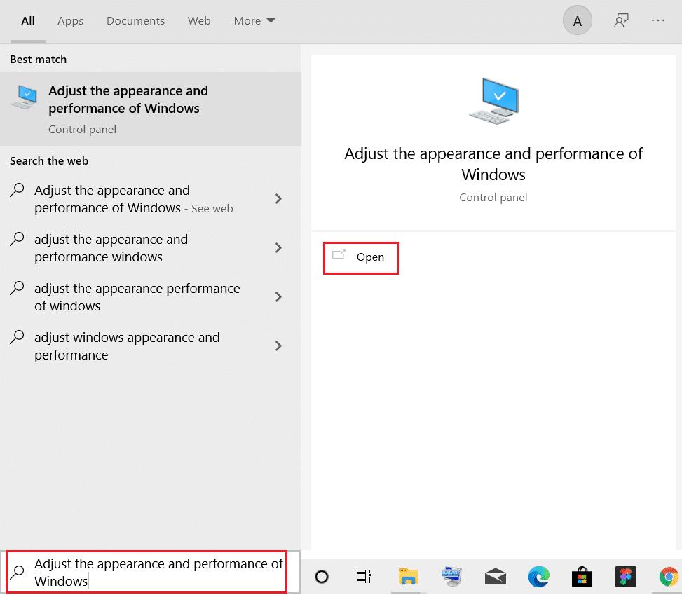 tekan tombol windows dan ketik Sesuaikan tampilan dan kinerja Windows lalu klik Buka di bilah Pencarian Windows