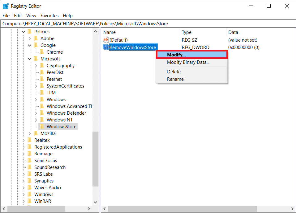 klik kanan pada RemoveWindowsStore dan pilih opsi Modify