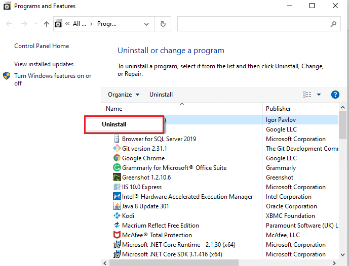 Klik kanan padanya dan pilih Uninstall