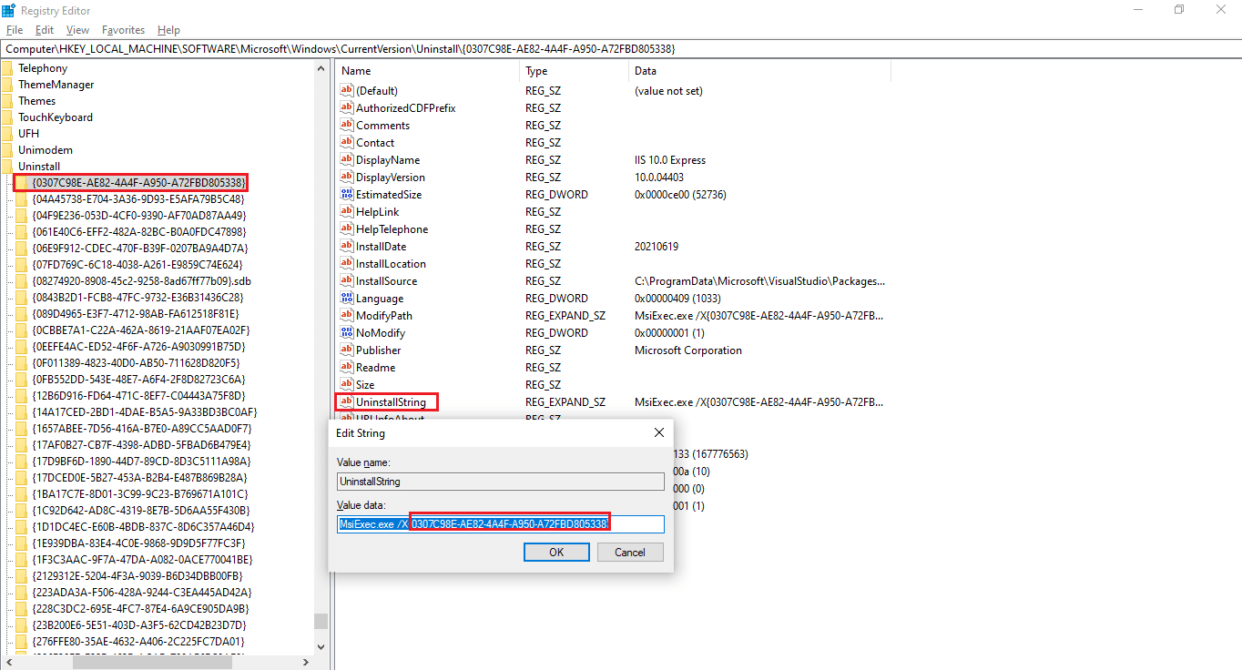 Cari dan klik dua kali UninstallString di panel kanan dan salin Data Nilai