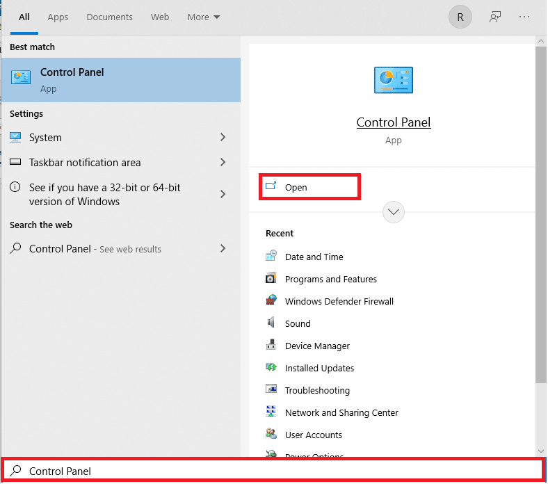 Buka menu Start, ketik Control Panel dan klik Open di panel kanan | Apa itu informasi instalasi InstallShield