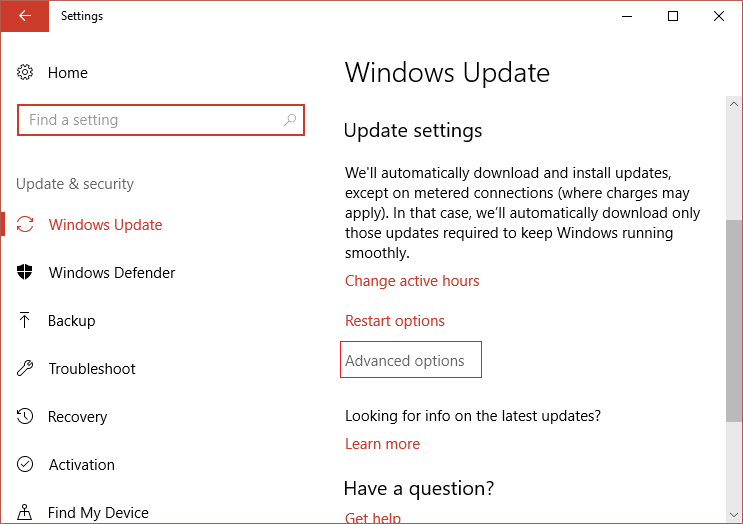 [Windows Update設定]で、[詳細オプション]をクリックします