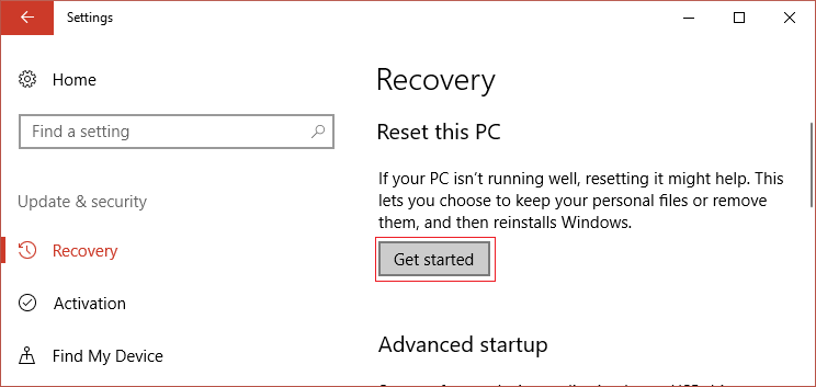 アップデートとセキュリティで、[このPCをリセット]の下の[開始]をクリックします