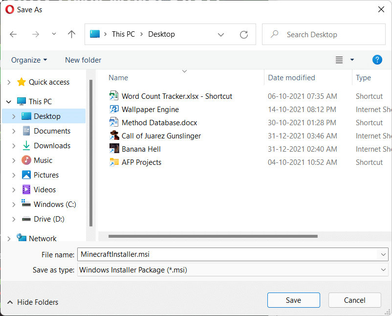Save As kotak dialog untuk menyimpan file installer