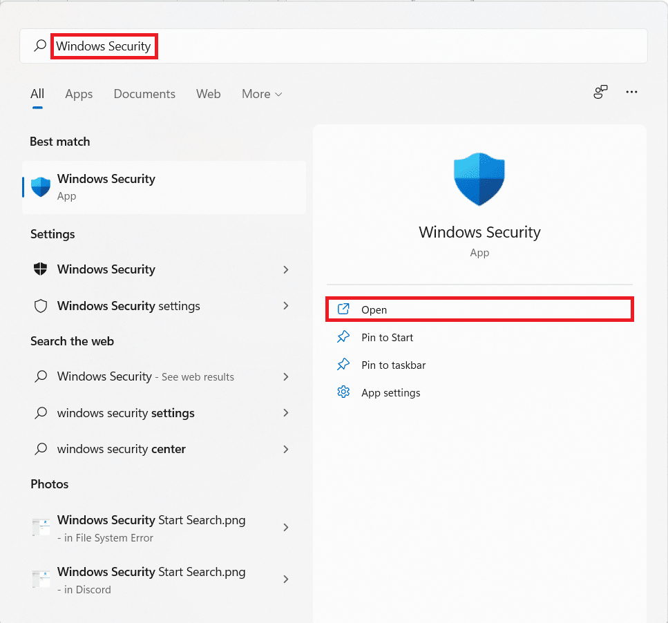 Mulai hasil pencarian menu untuk keamanan Windows