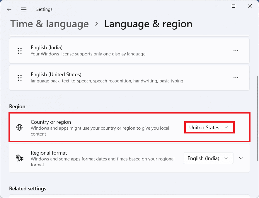 Opsi wilayah di bagian Bahasa dan wilayah. Cara Memperbaiki Kesalahan Minecraft 0x803f8001 di Windows 11