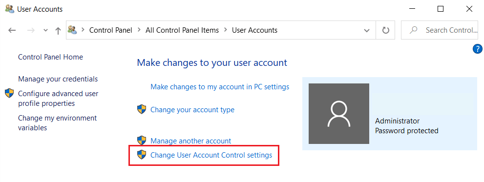 haga clic en la opción Cambiar configuración de control de cuenta de usuario en Cuentas de usuario