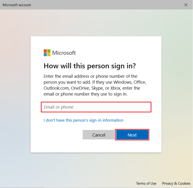 ingrese el correo electrónico y haga clic en Siguiente en la sección de Microsoft ¿Cómo iniciará sesión esta persona para agregar una nueva cuenta?