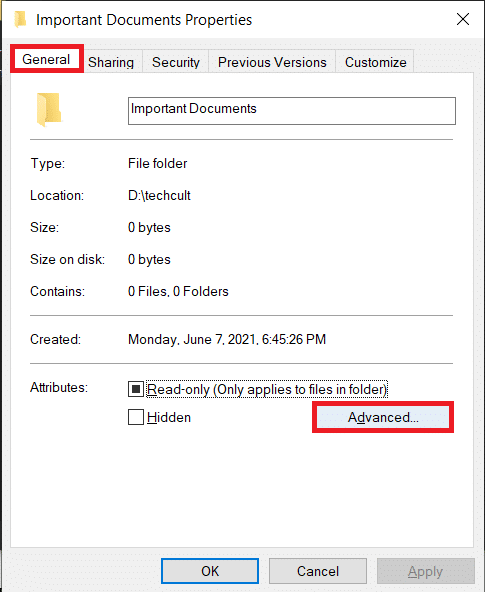 Abra la ventana de propiedades del archivo una vez más y haga clic en Avanzado en la pestaña General. Cómo arreglar el acceso denegado Windows 10
