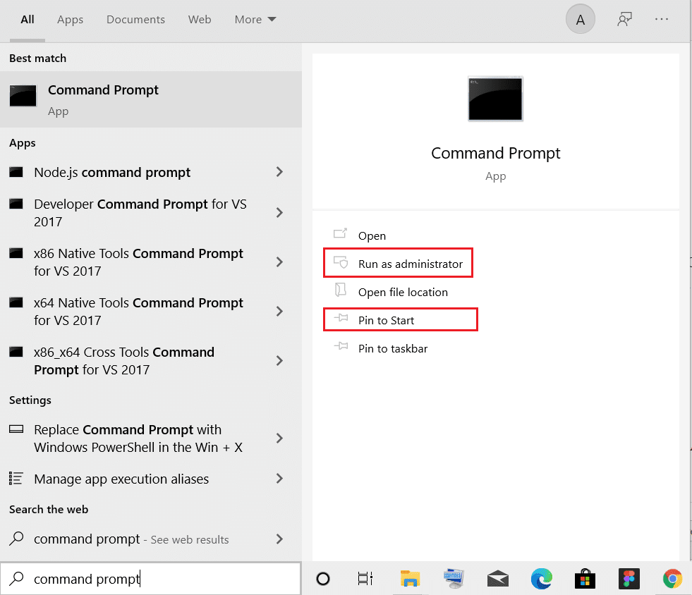 elija anclar para iniciar o ejecutar como opción de administrador para el símbolo del sistema en la barra de búsqueda de Windows. Cómo arreglar el acceso denegado Windows 10