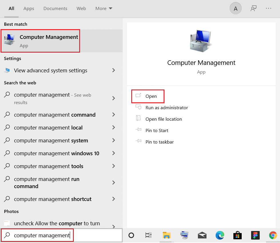 inicie la aplicación Computer Management desde la barra de búsqueda de Windows. Cómo arreglar el acceso denegado Windows 10