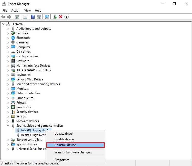 Klik kanan pada driver audio Anda dan klik Uninstall