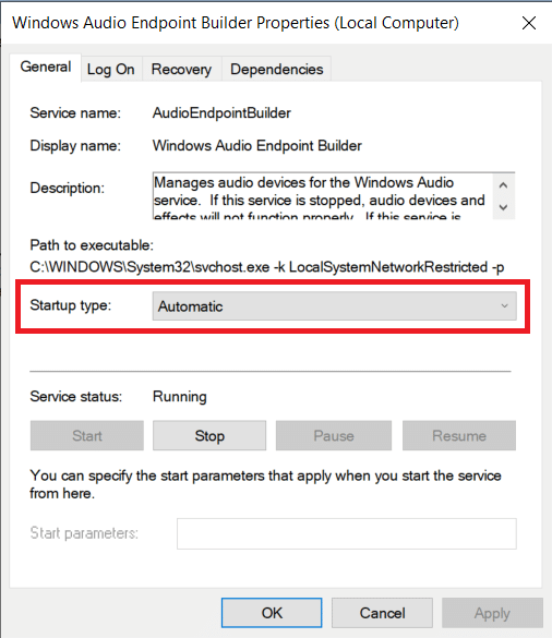 ubah jenis startup ke Otomatis untuk Windows Audio Endpoint Builder Properties
