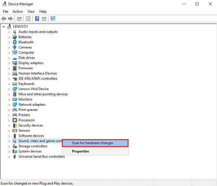 Klik kanan pada layar dan pilih Pindai perubahan perangkat keras | Perbaiki Audio Gagap di Windows 10