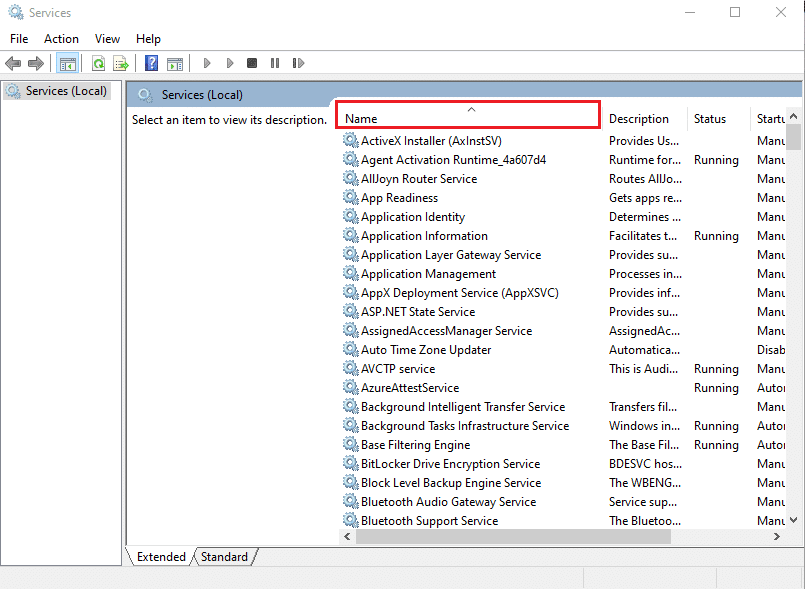 Klik Nama untuk mengurutkan Layanan. Perbaiki Kontrol Volume Windows 10 Tidak Berfungsi
