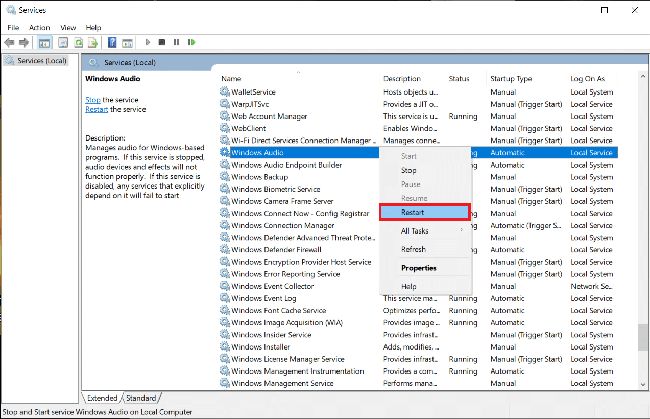 Jika status Layanan membaca Berjalan, klik kanan pada Audio Windows sekali lagi dan pilih Mulai Ulang. Perbaiki Kontrol Volume Windows 10 Tidak Berfungsi