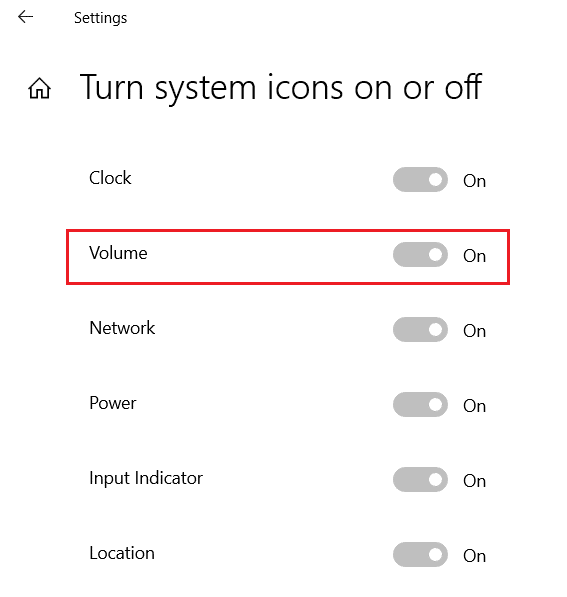 sakelar Hidupkan sakelar untuk ikon sistem Volume di menu Hidupkan atau matikan ikon Sistem. Perbaiki Kontrol Volume Windows 10 Tidak Berfungsi