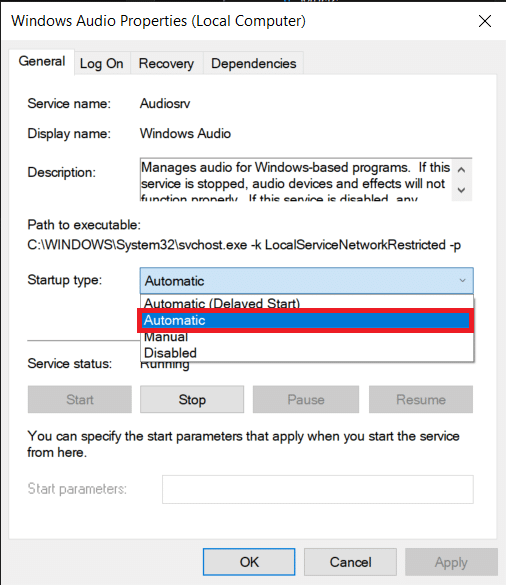 Pada tab General, klik daftar dropdown Startup type dan pilih Automatic. Perbaiki Kontrol Volume Windows 10 Tidak Berfungsi