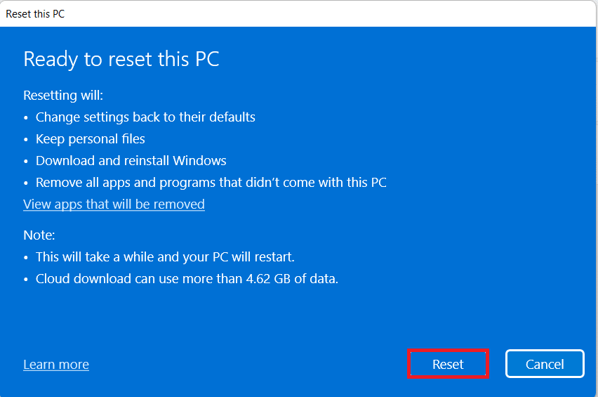 Menyelesaikan konfigurasi reset PC