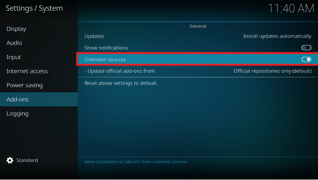 สลับกับตัวเลือกที่ไม่รู้จักแหล่งภายใต้ส่วนทั่วไป สุดยอดละครเกาหลี Kodi Addons