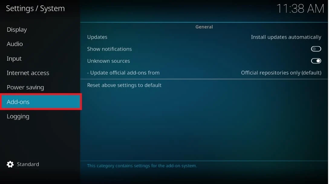 Pada menu panel kiri, pilih Add ons dari daftar.