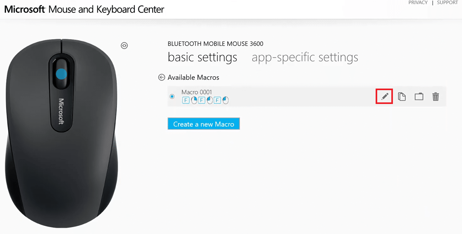 haga clic en el ícono de lápiz o edite el ícono de macro en el menú de macros disponibles para las secciones de configuración básica en el centro de mouse y teclado de Microsoft