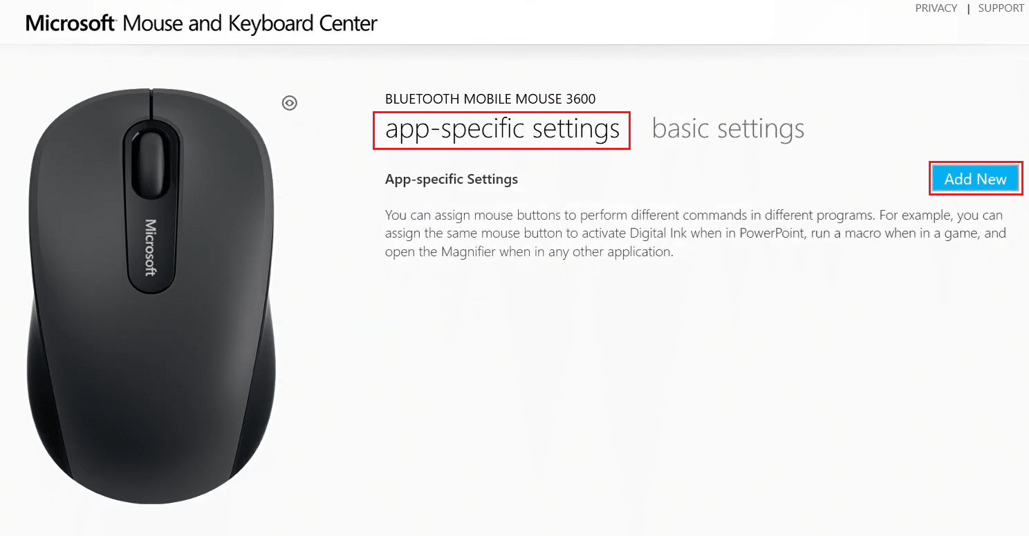 vaya a la configuración específica de la aplicación y seleccione Agregar nuevo botón en la aplicación del centro de mouse y teclado de Microsoft