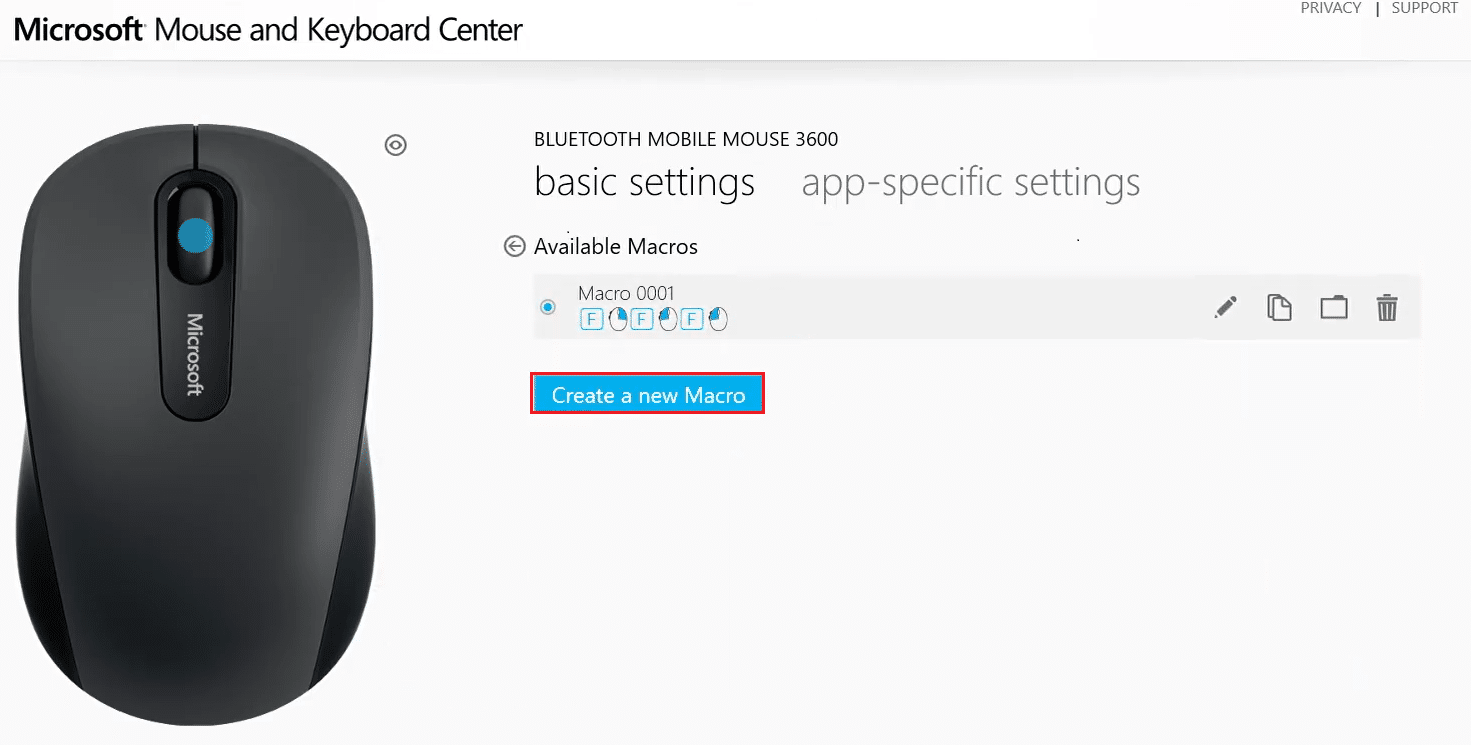 haga clic en crear una nueva macro en el menú Macros para la configuración básica en el centro del mouse y el teclado de Microsoft