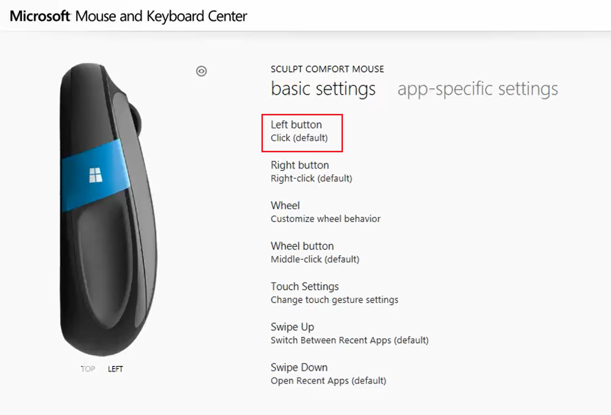 haga clic en Haga clic en Predeterminado debajo del botón izquierdo en la configuración básica para el centro de mouse y teclado de Microsoft. Cómo reasignar los botones del mouse en Windows 10
