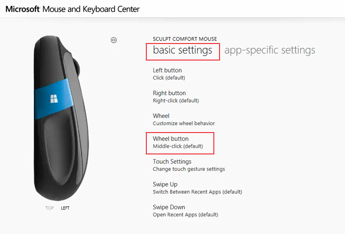 vaya a la configuración básica y seleccione el botón de la rueda en el centro de mouse y teclado de Microsoft