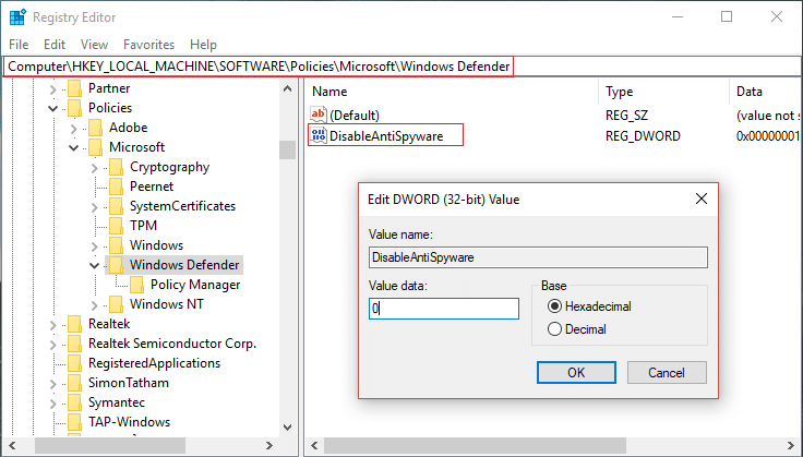 عيّن قيمة DisableAntiSpyware ضمن Windows Defender إلى 0 لتمكينه