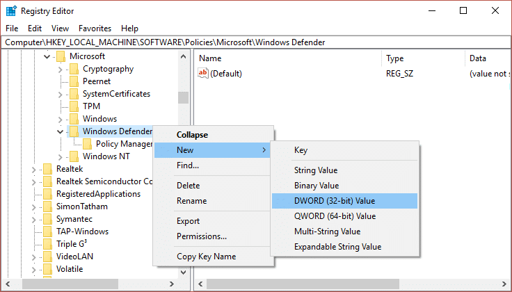 انقر بزر الماوس الأيمن على Windows Defender ثم حدد جديد ، ثم انقر على DWORD باسمه على أنه DisableAntiSpyware