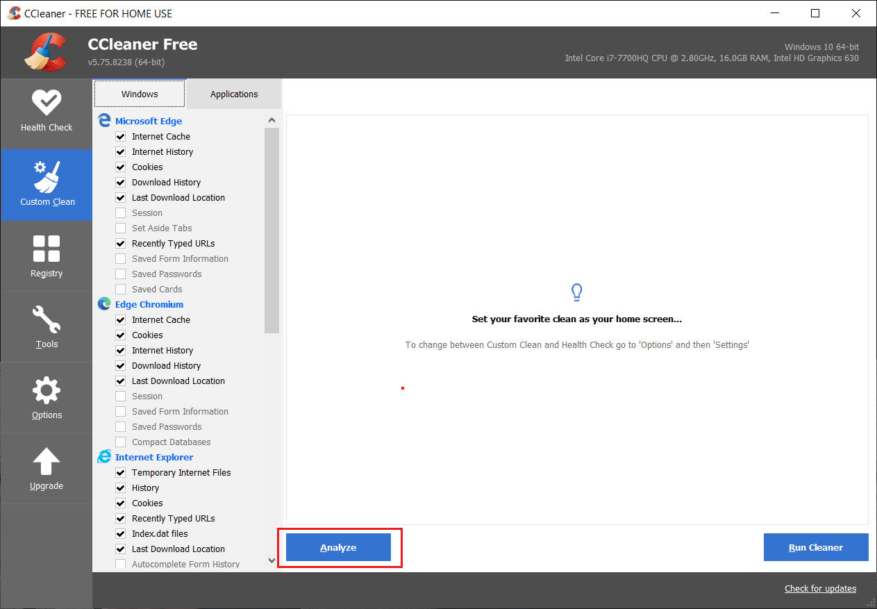 حدد Custom Clean ثم حدد الافتراضي في علامة تبويب Windows | ضبط الوقت تلقائيًا