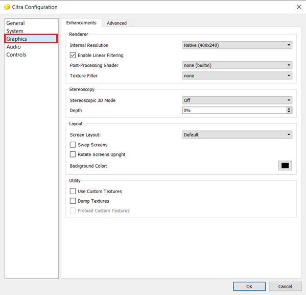 왼쪽 창에서 그래픽으로 이동합니다. 시트라 에뮬레이터 사용법