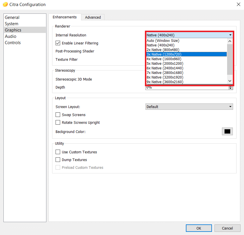 내부 해상도 드롭다운 메뉴에서 해상도를 선택합니다. PC에서 3DS 게임을 플레이하는 방법