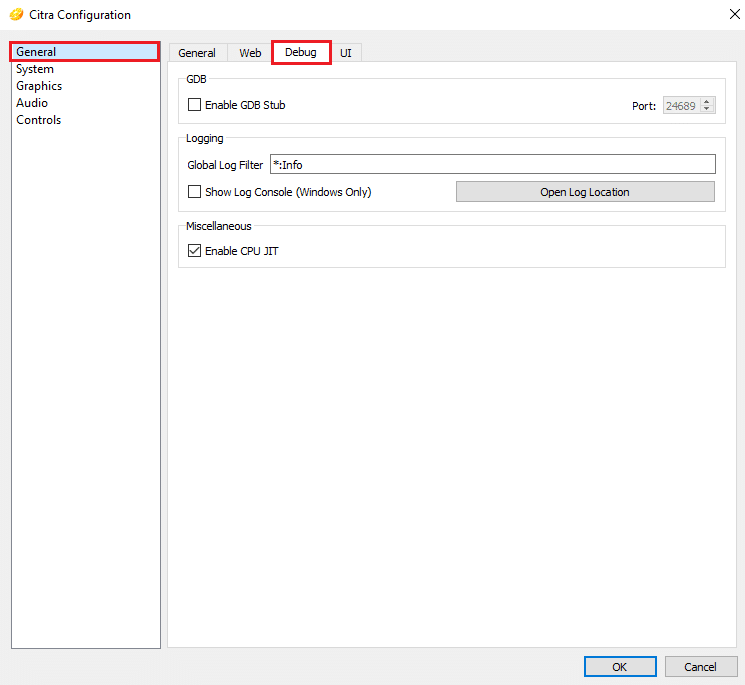 일반 창에서 디버그 탭으로 이동합니다. 시트라 에뮬레이터 사용법