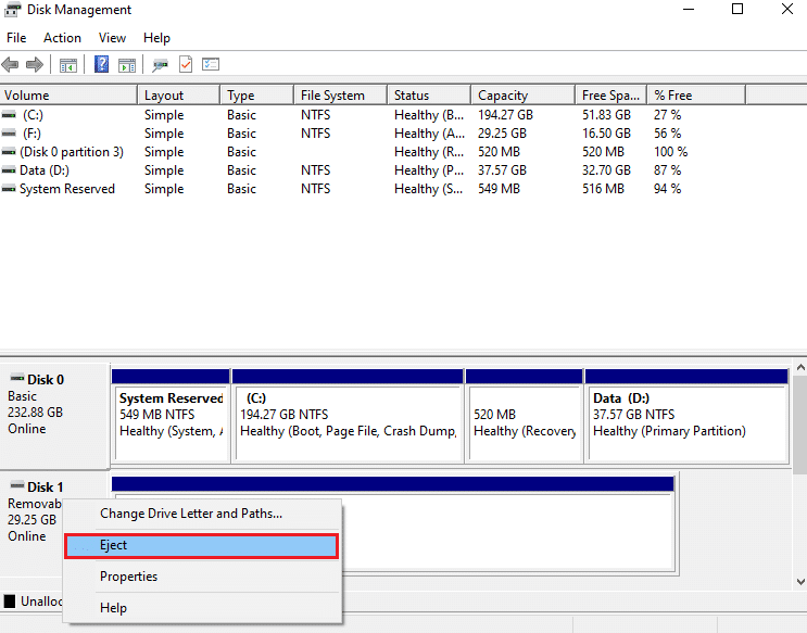 Harici sabit diski bulun, üzerine sağ tıklayın ve Çıkar'ı seçin.