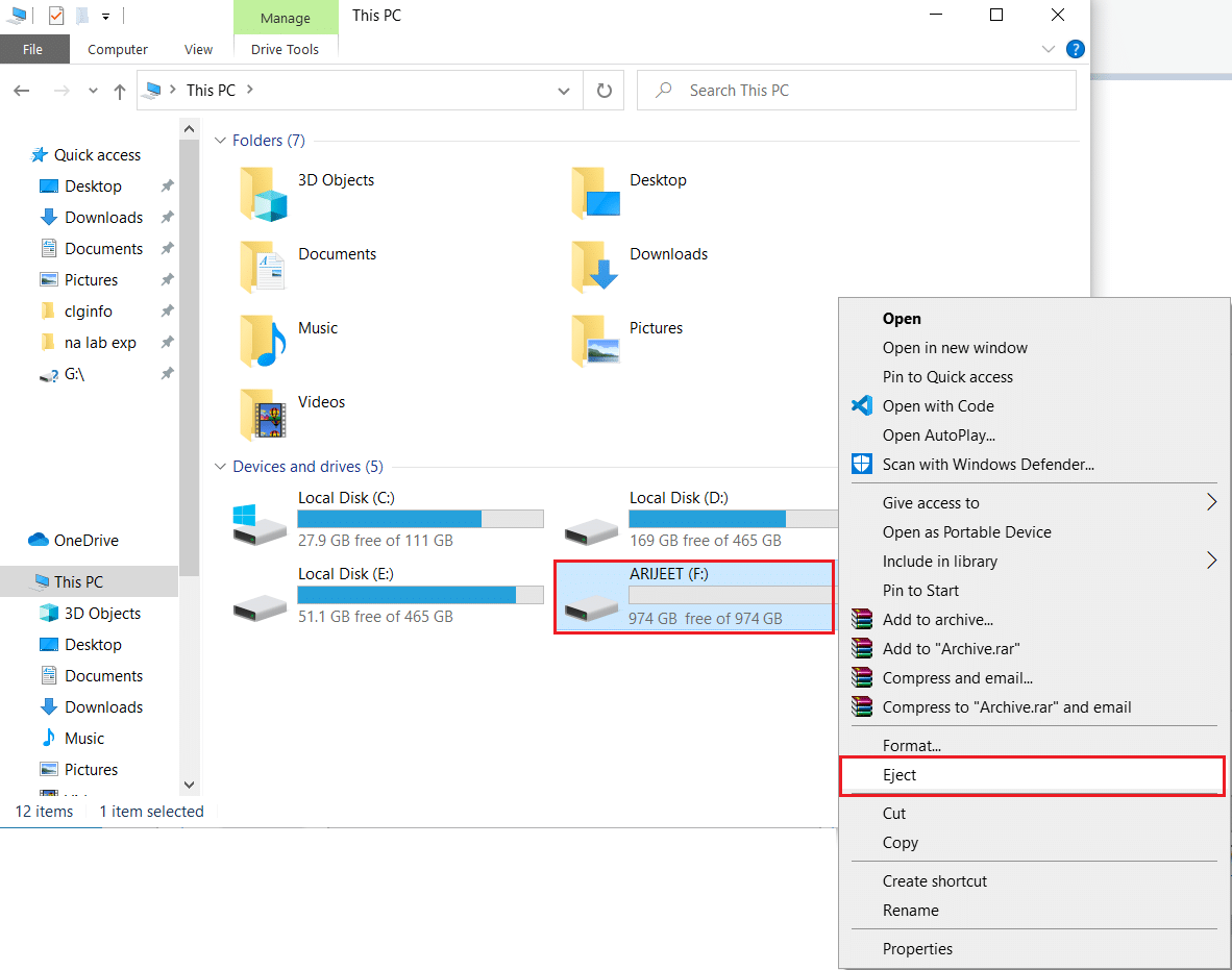 harici sabit sürücüye sağ tıklayın ve Dosya Gezgini'nde Çıkar seçeneğini seçin. Windows 10'da Harici Sabit Sürücü Nasıl Çıkarılır