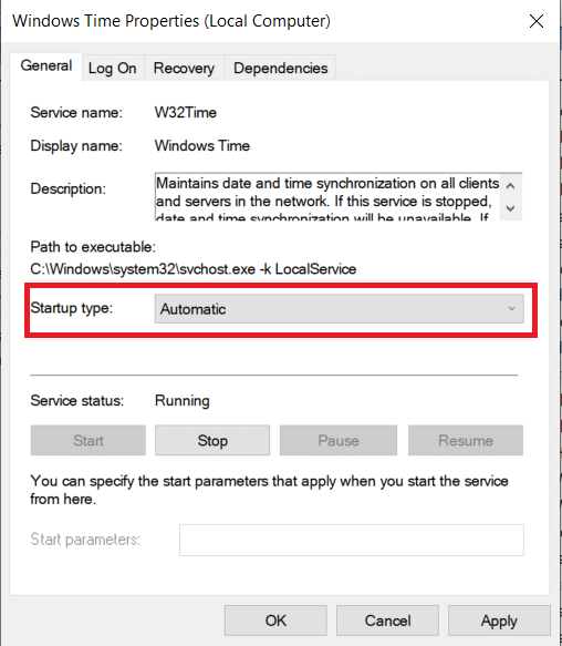單擊啟動類型:下拉並選擇自動選項。如何修復計算機沒有重新同步,因為沒有時間數據可用