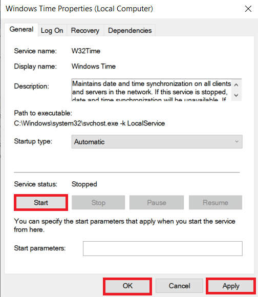 單擊開始。單擊應用,然後單擊確定。如何修復計算機沒有重新同步,因為沒有時間數據可用