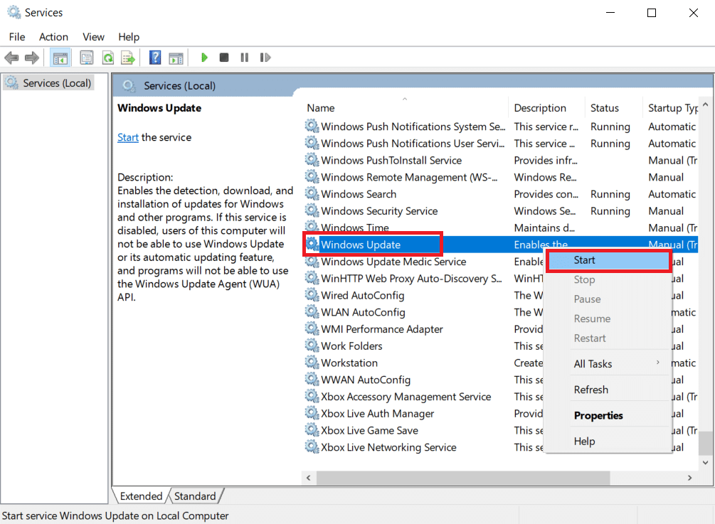 그것을 마우스 오른쪽 버튼으로 클릭하고 시작을 선택하십시오. 오류 0x80070002 Windows 10을 수정하는 방법