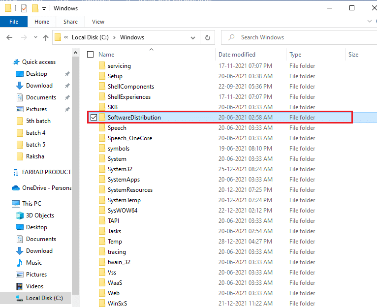 SoftwareDistribution 폴더를 선택하고 Del 키를 누릅니다. 오류 0x80070002 Windows 10을 수정하는 방법