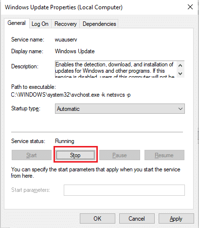 서비스 상태가 실행 중이면 중지를 클릭하십시오.