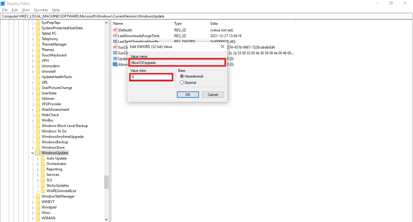 이름이 AllowOSUpgrade인 새 파일 형식 DWORD 32비트 값을 만들고 값 데이터를 0x00000001로 설정합니다.